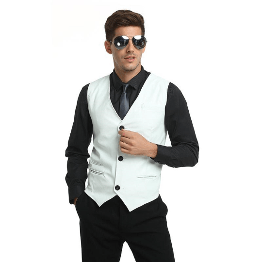 Noora Mens White Lambskin Leather Formal Waist Coat With Black Button & Pocket | Designer Meeting Wear White Waist Coat SU0102 - Noora International