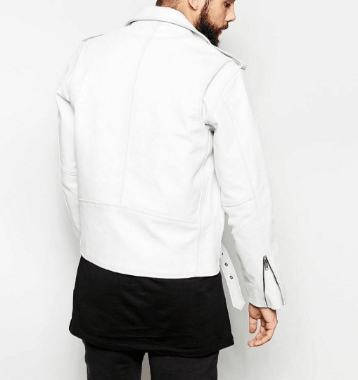 NOORA Mens White Leather Biker Jacket With Zipper & Pocket | Shoulder Strap | Snap On Collar | Belted Jacket | ST028 - Noora International