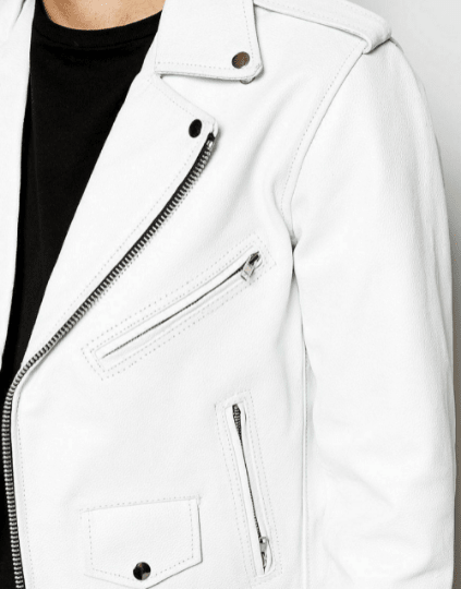 NOORA Mens White Leather Biker Jacket With Zipper & Pocket | Shoulder Strap | Snap On Collar | Belted Jacket | ST028 - Noora International