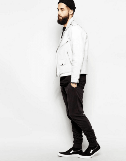 NOORA Mens White Leather Biker Jacket With Zipper & Pocket | Shoulder Strap | Snap On Collar | Belted Jacket | ST028 - Noora International