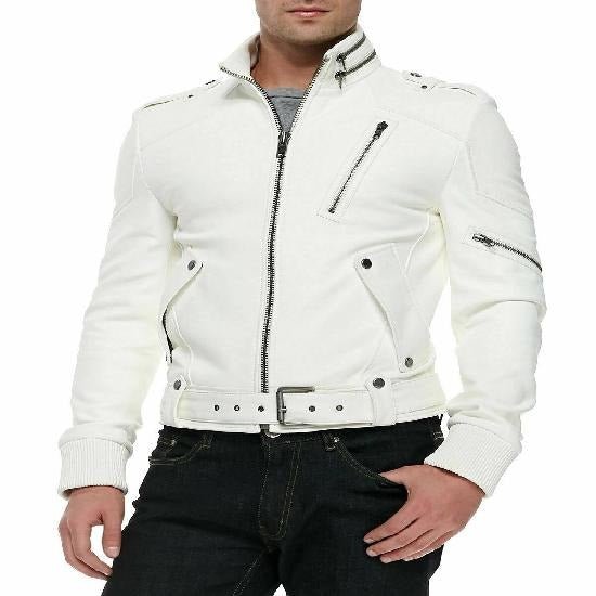 Noora Men's White Leather Jacket, Bomber Style Leather Jacket, Motorcycle Slim Fit Jacket, Western Party Wear Jacket - Noora International