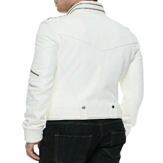 Noora Men's White Leather Jacket, Bomber Style Leather Jacket, Motorcycle Slim Fit Jacket, Western Party Wear Jacket - Noora International