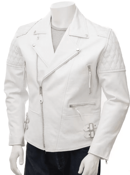 NOORA Mens White Leather Quilted Jacket With Zipper & Pocket | Belted Jacket | Zip On Sleeves | ST0180 - Noora International