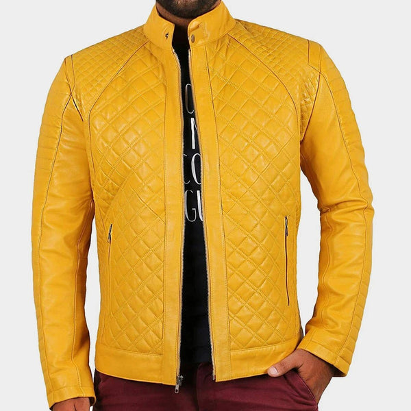 Noora Men's Yellow Lambskin Leather Jacket | Café Racer Quilted Style Jacket for men | SN013 - Noora International
