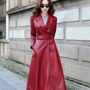 NOORA Midi Coat | Midi Coat Women, Leather Coat Women, Leather Trench Coat, Coat With Pockets, RED Leather Coat SJ535 - Noora International