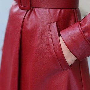 NOORA Midi Coat | Midi Coat Women, Leather Coat Women, Leather Trench Coat, Coat With Pockets, RED Leather Coat SJ535 - Noora International