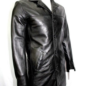 NOORA NEW 1970's Classic Men's Casual Overcoat Knee Length Style with buttons Black Real Leather Tre - Noora International