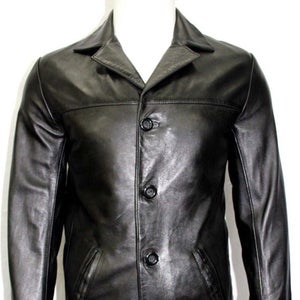 NOORA NEW 1970's Classic Men's Casual Overcoat Knee Length Style with buttons Black Real Leather Tre - Noora International