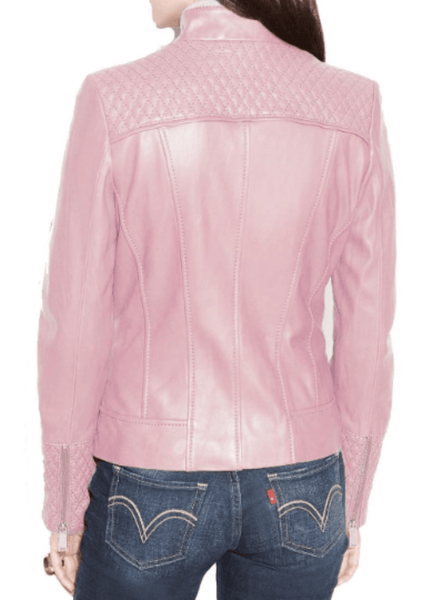 NOORA New Brand Women's Baby Pink Lambskin Leather Motor biker Jacket Zipper Pocket With Chinese Collar| JS09 - Noora International