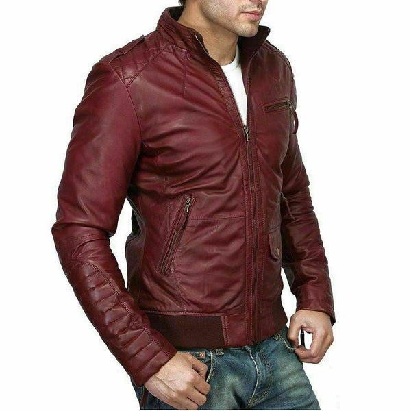 Noora New Burgundy MENS Inspired Motorbike Bomber Real Leather Jacket SP7 - Noora International