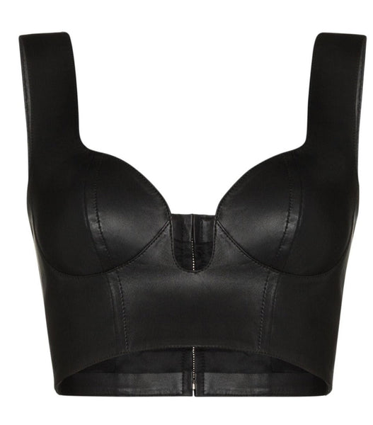 Noora New Designer Women's Lambskin Black Leather Triangle Crop Top Women's Modern Top JS0101 - Noora International