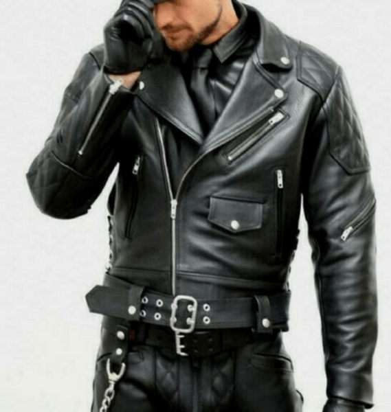 NOORA New Genuine Lambskin Leather Designer Black Men's Motor Bike Jacket With Quilted Panel , Zipped Pocket Jacket , Black Quilted Leather Jacket , Zipper Jacket , Zip On Sleeves Jacket | Snap On Collar | Black Colour Jacket | Belted Jacket | ST10 - Noora International