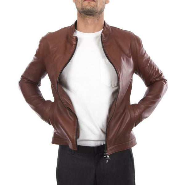 Noora New Genuine Men Lambskin Leather Brown Jacket Motorcycle Modern Biker QD52 - Noora International