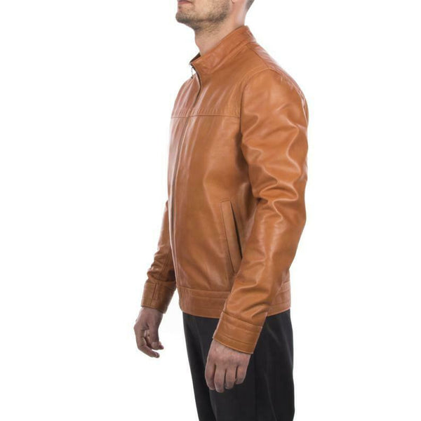 Noora New Genuine Men Lambskin Leather Tan Jacket Motorcycle Modern Biker QD54 - Noora International