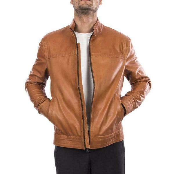 Noora New Genuine Men Lambskin Leather Tan Jacket Motorcycle Modern Biker QD54 - Noora International