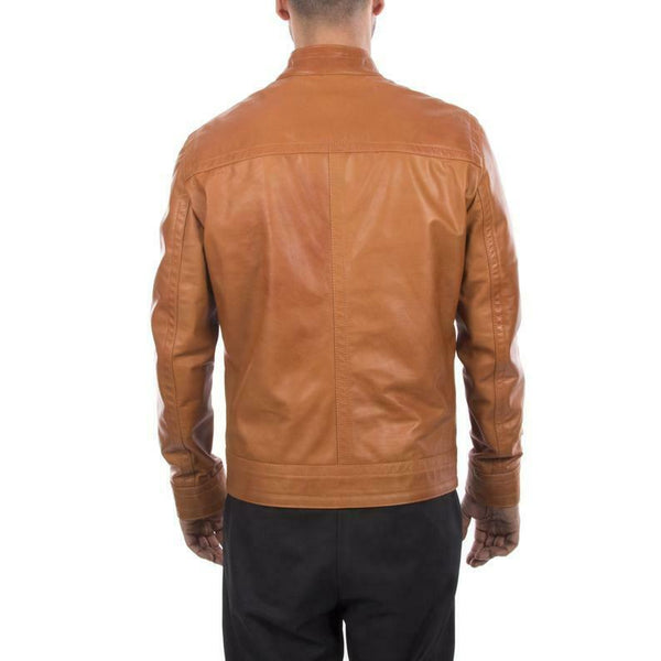 Noora New Genuine Men Lambskin Leather Tan Jacket Motorcycle Modern Biker QD54 - Noora International