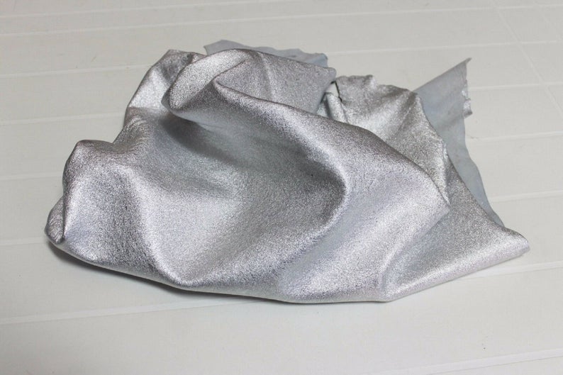 Goatskin Goat Leather skin hide Metallic Silver Cracked, leather scraps, luxury leather, silver