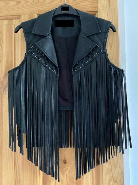 Noora NEW Gorgeous Women BLACK Leather Jacket Fringe Western Style Waist Coat - Noora International