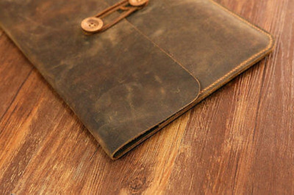 NOORA New Handmade personalized BROWN MACBOOK Leather File Folder Portfolio Button Tie Closure Customised business travel organizer case Sj - Noora International