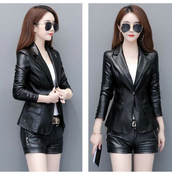 Noora New Handmade Women's Leather Blazer Two botton coat For Business meetings Slim fit Black c - Noora International