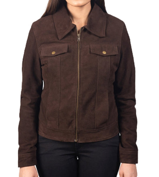NOORA New Ladies Dark Brown Suede Leather Jacket, Casual Western motorcycle Jacket YK0249 - Noora International