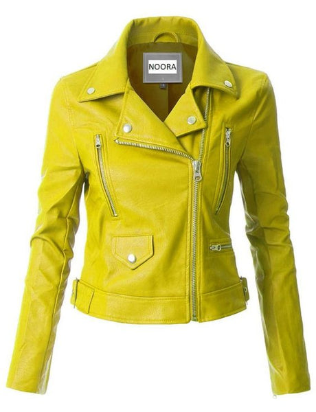 NOORA New Ladies Women's BRANDO Cropped Lime Green Fashion Style Biker Bomber Motorcycle Soft Leather ST0213 - Noora International