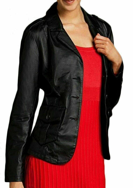 NOORA New Ladies Womens Lambskin Leather Blazer Jacket Stylish Button Coat QD219 - Noora International