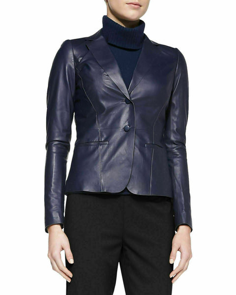 NOORA New Ladies Womens Lambskin Leather Blazer Jacket Stylish Button Coat QD222 - Noora International
