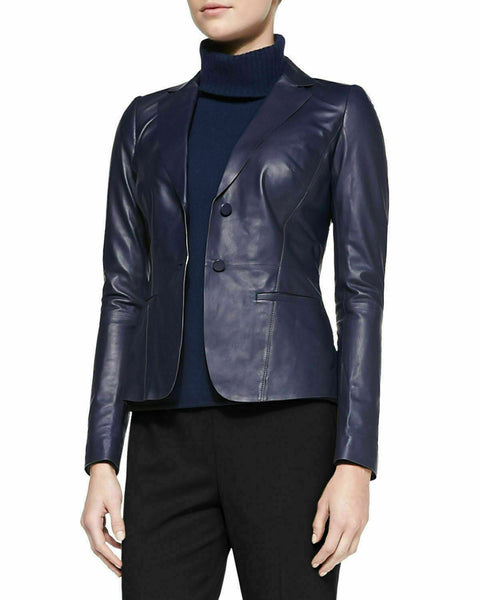 NOORA New Ladies Womens Lambskin Leather Blazer Jacket Stylish Button Coat QD222 - Noora International