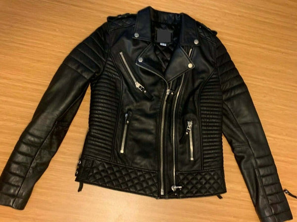 NOORA New Lambskin Black Leather Biker Jacket, Kay Michaels UNISEX Style Leather JACKET, Designer Biker Jacket YK089 - Noora International