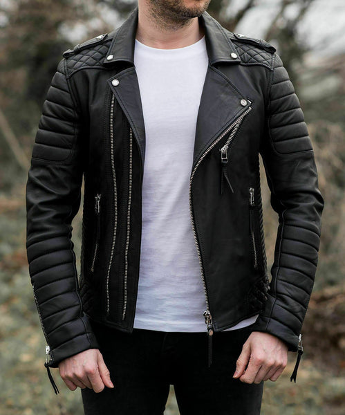 NOORA New Lambskin Men Black Leather Jacket | Slim Fit Motorcycle Jacket | Quilted Designer Jacket YK099 - Noora International