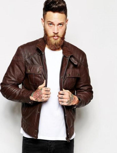 NOORA New Lambskin Mens Antique Brown Leather Jacket, Cowboy Shiny Jacket, Motorcycle American Style Jacket YK096 - Noora International