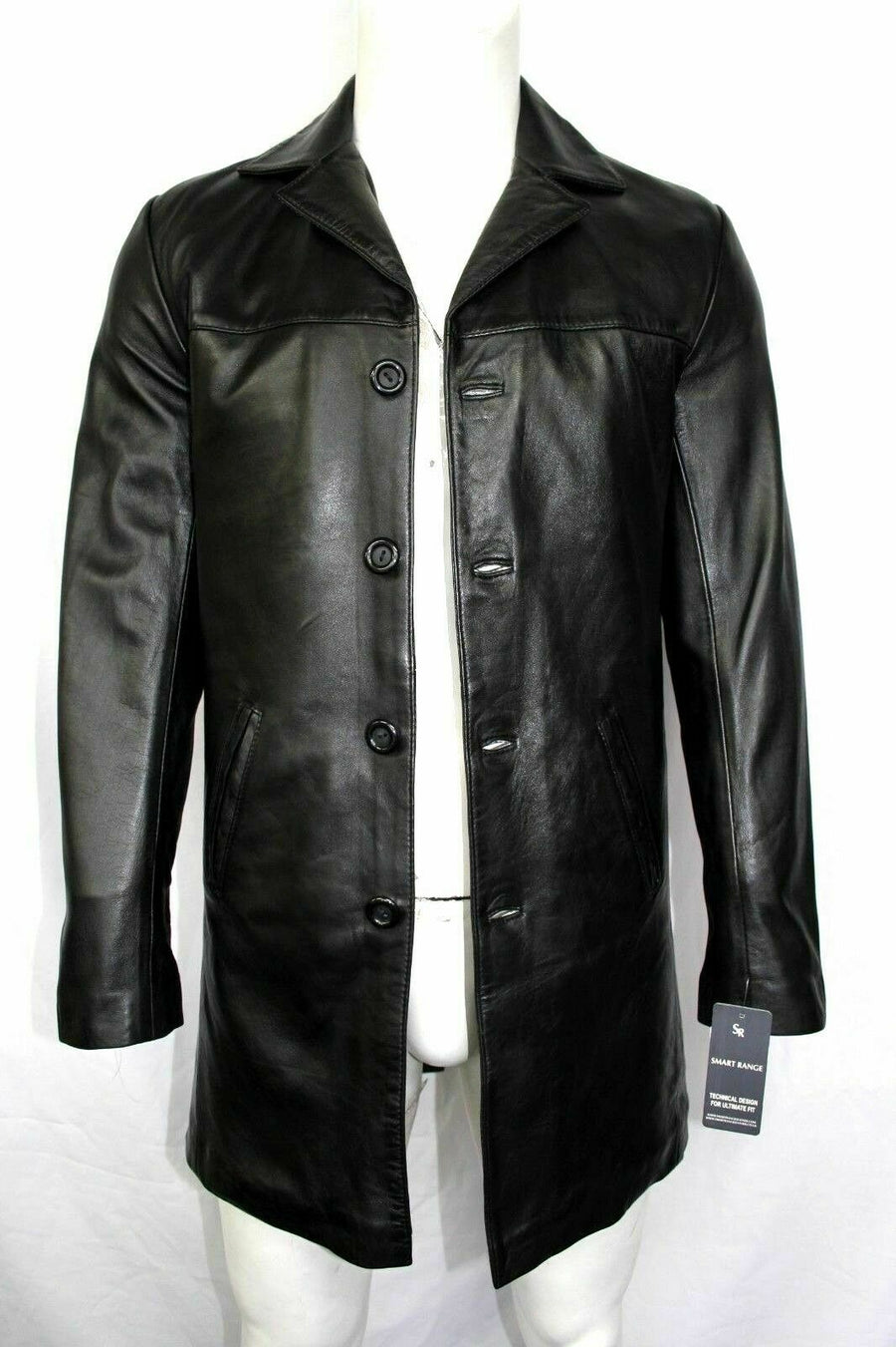 Lambskin Mens Black Leather Trench Coat, Casual Overcoat Knee Length Style Coat, Shiny Coat – view 5