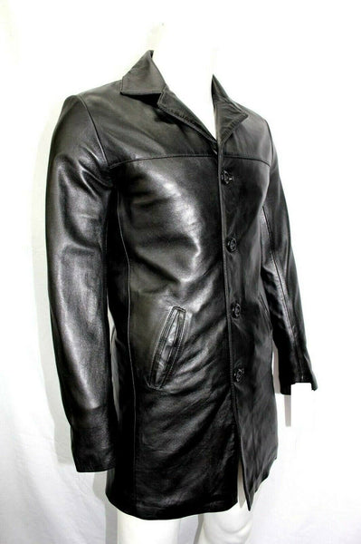 Noora New Lambskin Mens Black Leather Trench Coat | Casual Overcoat Knee Length Style Coat, Shiny Coat YK098 - Noora International