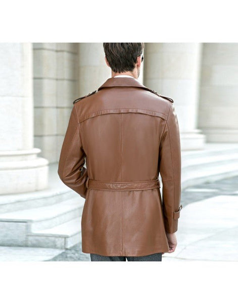 Noora New Lambskin Mens Dark Brown Leather Long Jacket With Belted Collared Jacket & Pockets YK093 - Noora International