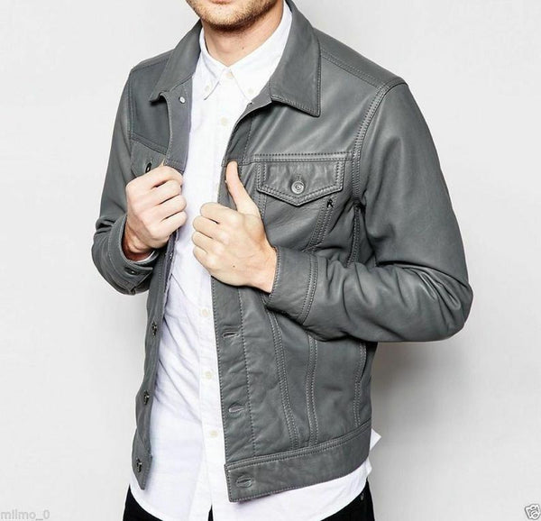Noora New Lambskin Mens Gray Leather Shirt & Jacket, Motorcycle Slim Fit Biker Jacket, Dashing Style Jacket YK094 - Noora International