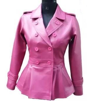Noora New Lambskin Womens Pink Leather Trench Coat With button, Designer Pleated Trench Coat YK0258 - Noora International