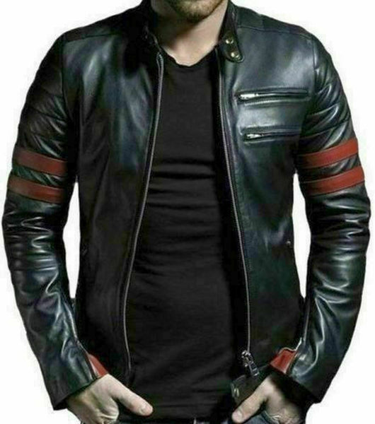NOORA New MEN FLIGHT RETRO HYBRID RED STRIP MOTORBIKE BLACK LEATHER JACKET WA603 - Noora International