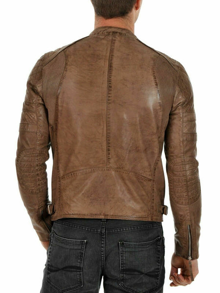 Noora New Men Genuine Lambskin Leather Jacket Tan Motorcycle Modern Biker QD77 - Noora International
