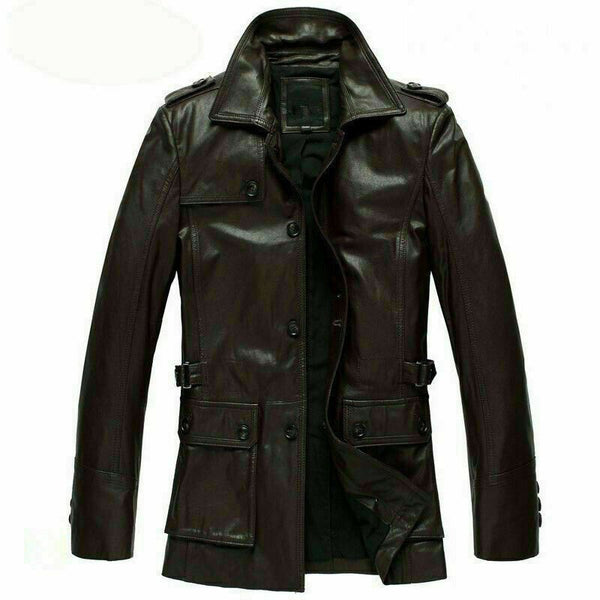 Noora New Men Real Lambskin Genuine Leather Trench Coat Long Button Jacket WA430 - Noora International