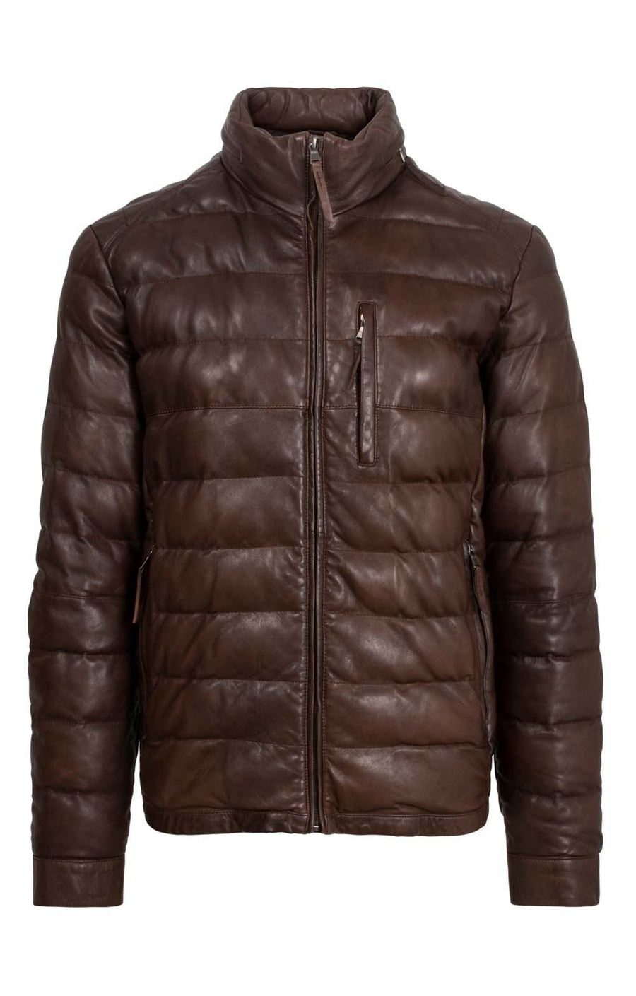 Men's Brown Lambskin Leather Quilted Jacket Biker With Brown Zipper – view 4