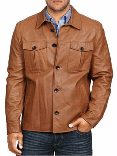 Noora New Men's 100% Lambskin Leather Brown Shirt Style Leather Jacket With Button Designer Tan Leather Shirt SU0156 - Noora International