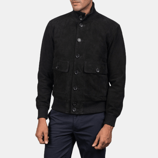 Noora New Men's 100% Real Lambskin Suede Black Bomber Biker Motorcycle Jacket With Designer Button & Pocket SU071 - Noora International