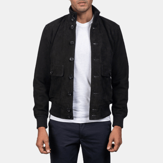Noora New Men's 100% Real Lambskin Suede Black Bomber Biker Motorcycle Jacket With Designer Button & Pocket SU071 - Noora International