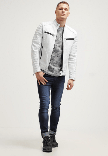 Noora New Men's 100% White Lambskin Leather Quilted Jacket Biker Jacket With Black Zipper & Black Snap SU0753 - Noora International