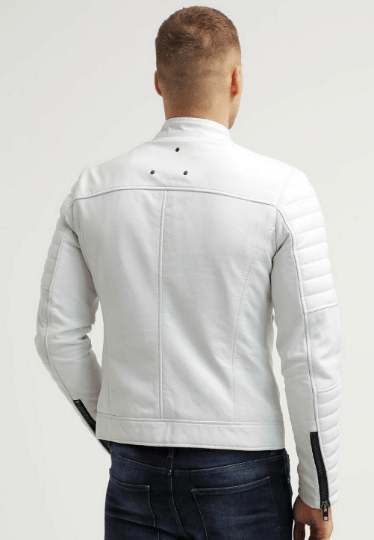 Noora New Men's 100% White Lambskin Leather Quilted Jacket Biker Jacket With Black Zipper & Black Snap SU0753 - Noora International