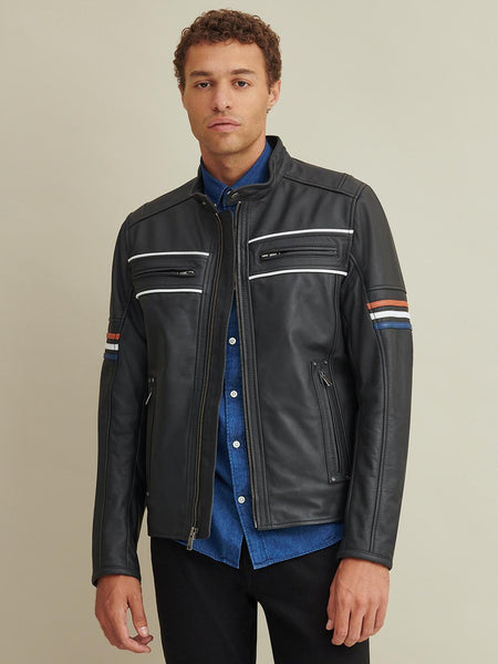 Noora New Men's Black Jacket With Multi Color Strips Lambskin Leather Jacket With Zipper Designer Leather Jacket SU02 - Noora International