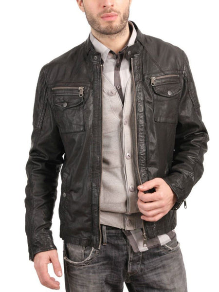 Noora New Men's Black Lambskin Leather Jacket With Zipper Pocket Designer Black Party Wear Jacket SU026 - Noora International
