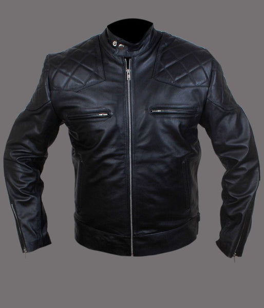Noora New Men's Black Lambskin Leather Quilted Biker Jacket With Zipper Designer Motorcycle biker Leather Jacket SU031 - Noora International