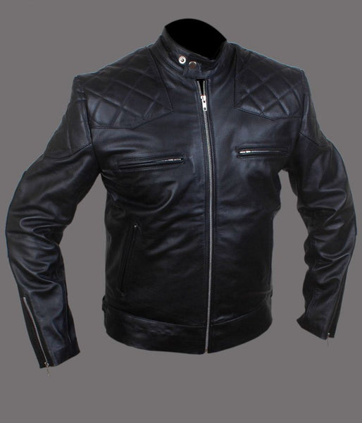 Noora New Men's Black Lambskin Leather Quilted Biker Jacket With Zipper Designer Motorcycle biker Leather Jacket SU031 - Noora International